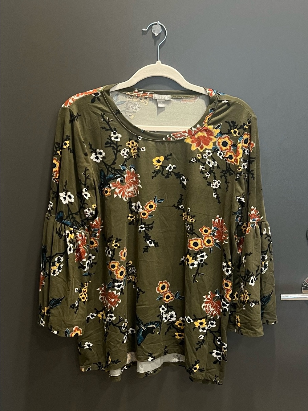 Falls Creek Olive Green Floral Bell Sleeve Top – Size Large